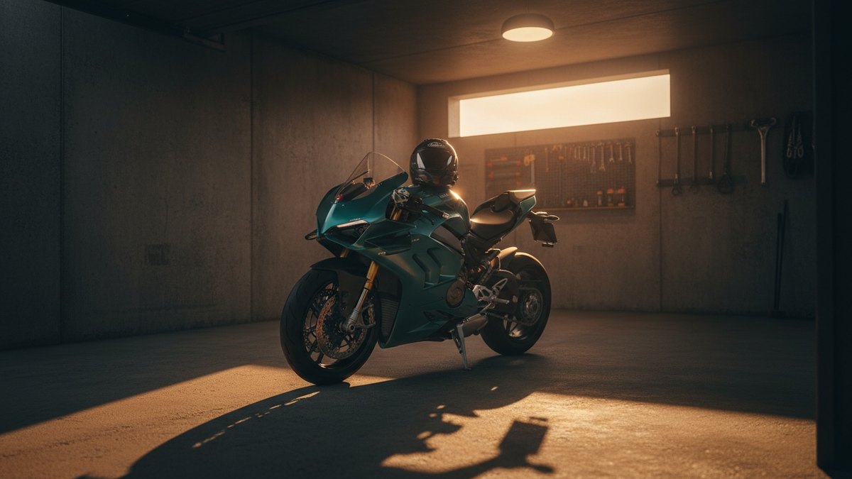 Moto sportive stationnée dans un garage privé fermé
