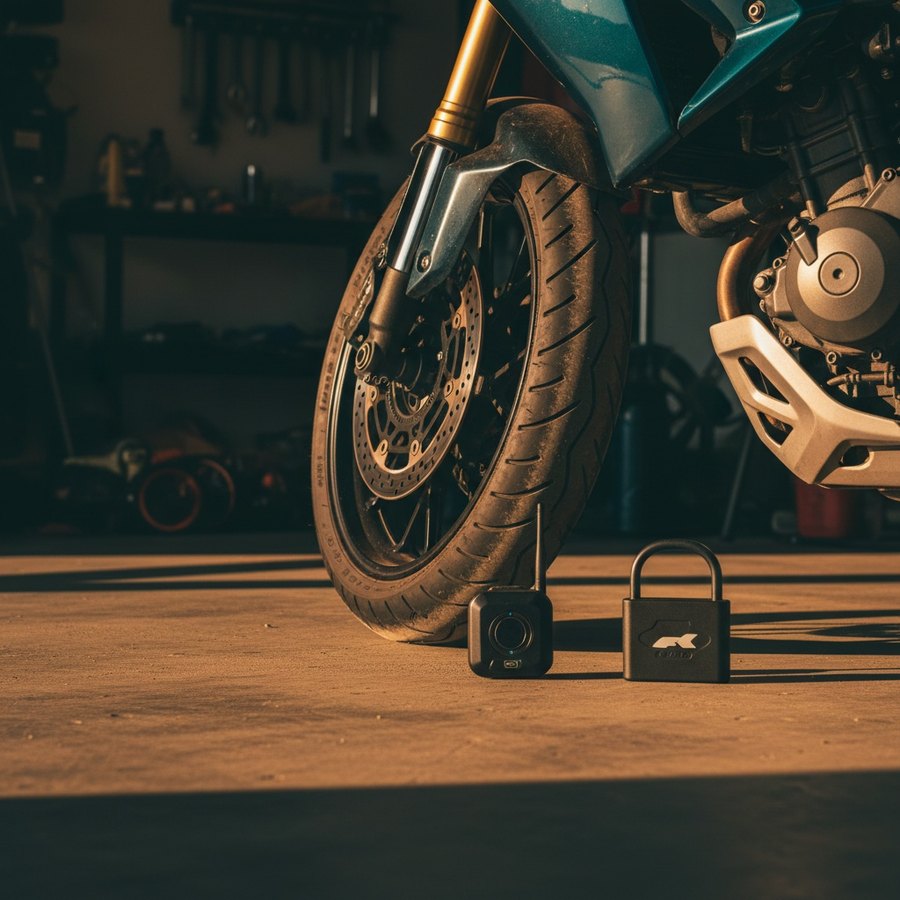 Traqueur GPS et antivol U près de la roue d'une moto sportive