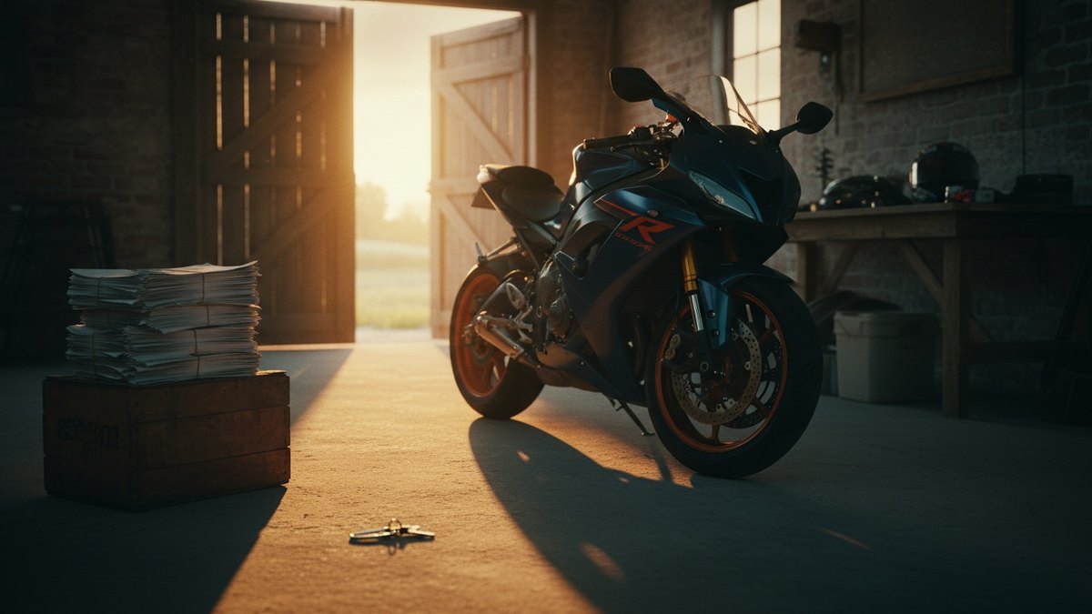 Moto sportive dans un garage avec documents d'assurance et casque