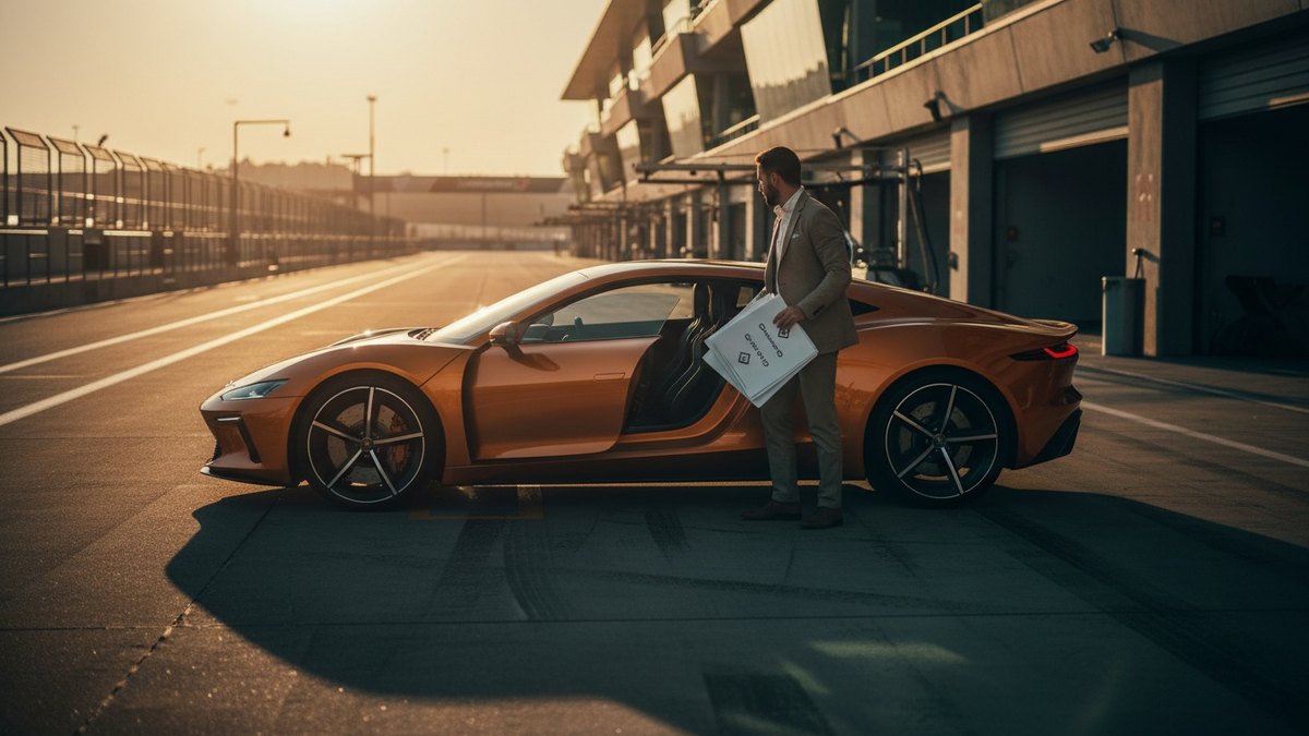 Voiture de sport à l'entrée d'un circuit, pilote tenant des documents près de la portière ouverte