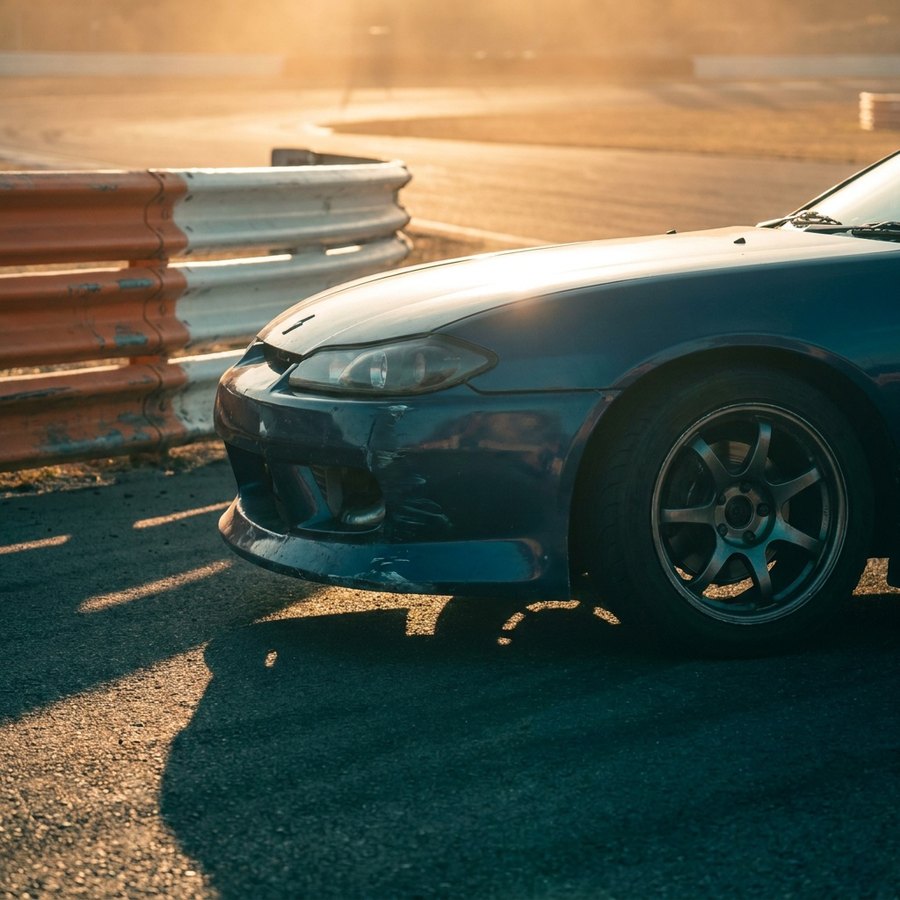 Avant d'une voiture de sport endommagé près d'un rail de sécurité sur circuit