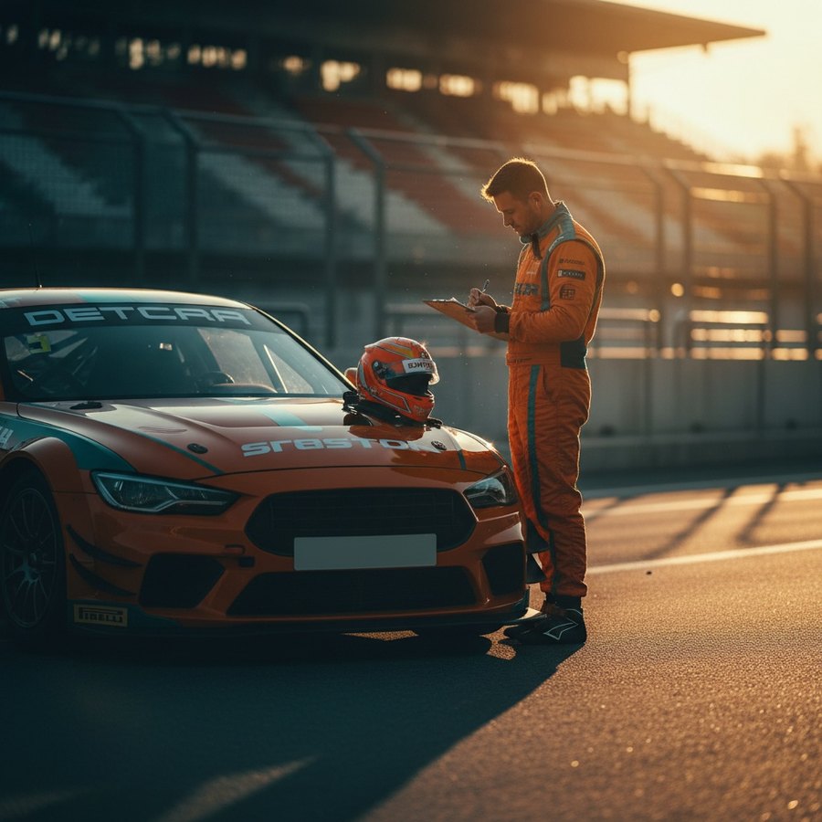 Commissaire de piste rédigeant un rapport près d'une voiture arrêtée sur le circuit