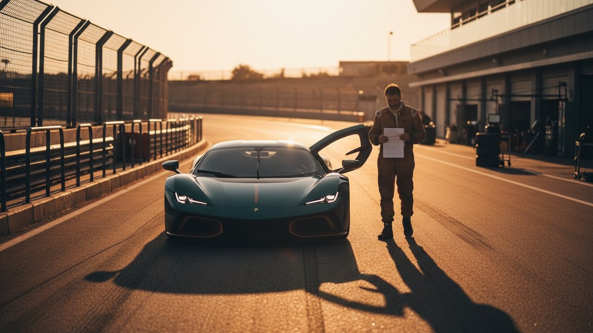 Voiture de sport sur circuit avec un pilote tenant des papiers d'assurance à côté