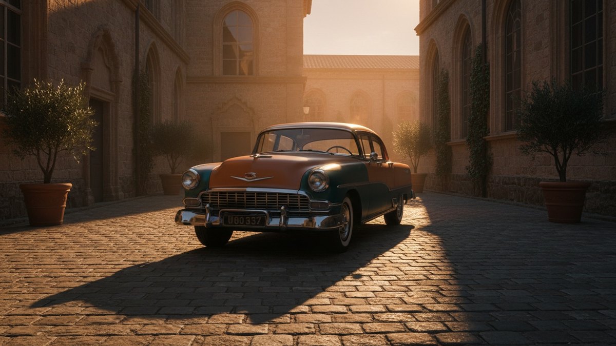 Voiture ancienne stationnée dans une cour pavée avec plaques noires