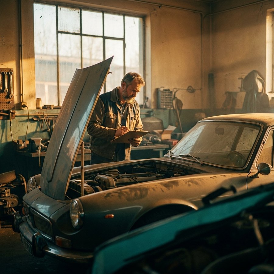 Expert examinant le compartiment moteur d'une voiture ancienne