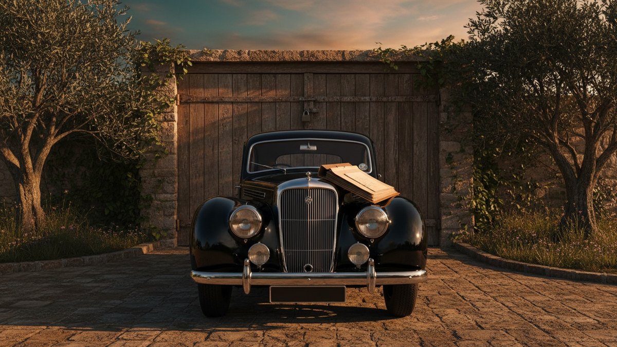 Voiture de collection devant un garage fermé avec un dossier de documents