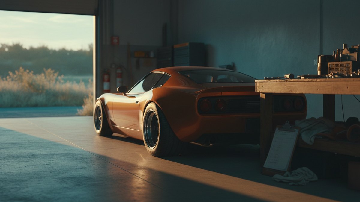 Voiture sportive surbaissée stationnée dans un garage, vue sur les pneus arrière larges