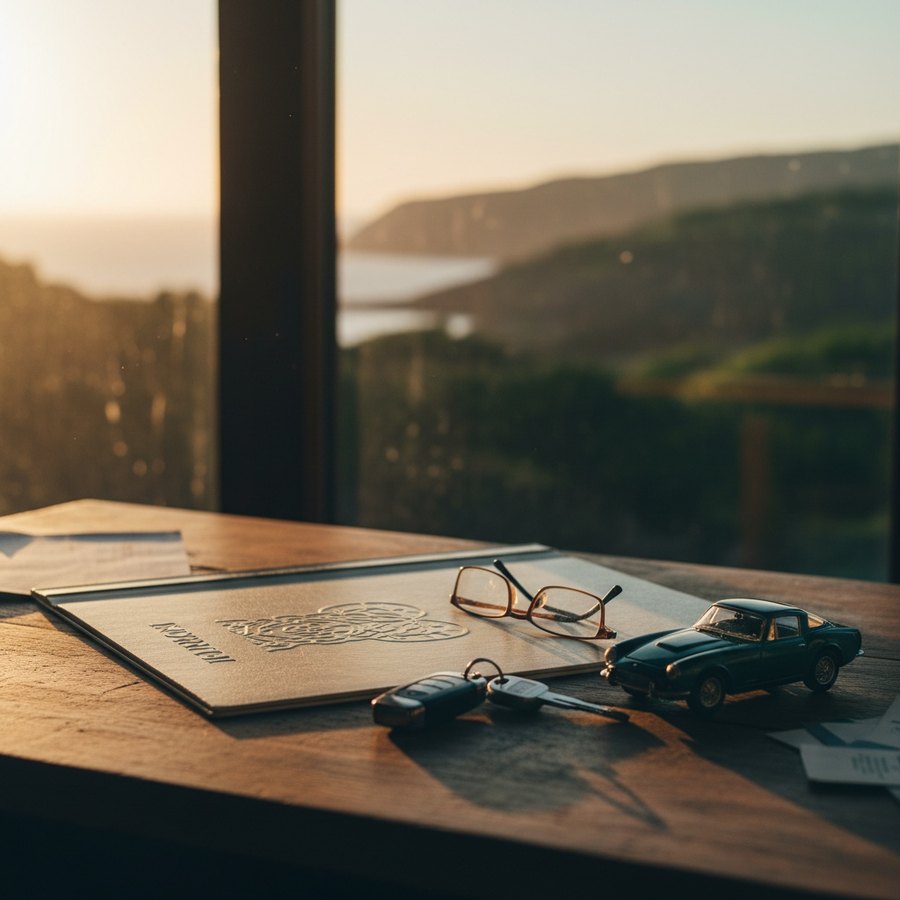 Dossier d'assurance et clés de voiture posés sur un bureau à côté d'une miniature de sportive