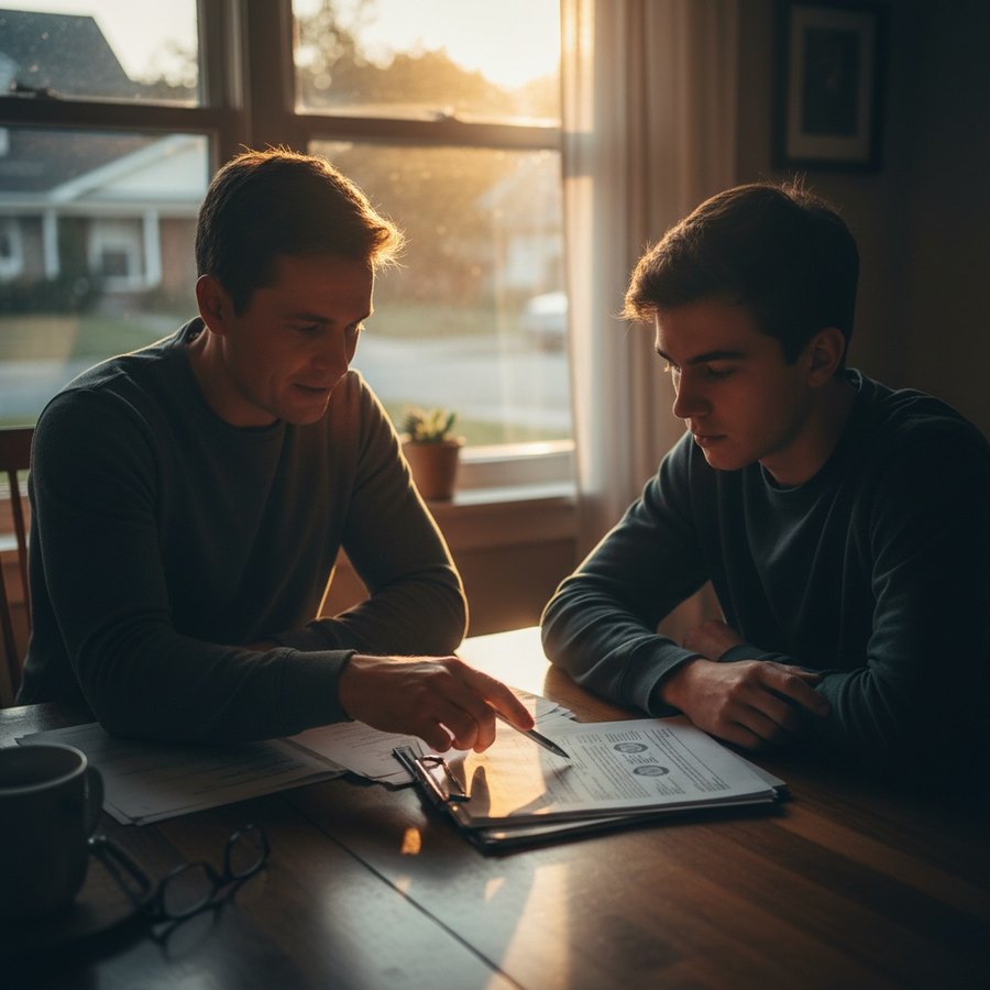 Parent et jeune conducteur examinant un contrat d'assurance auto