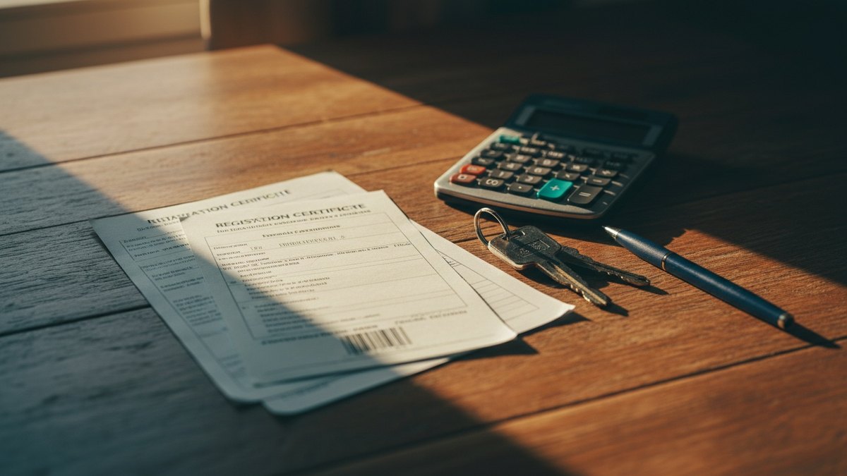 Certificat de conformité et carte grise posés sur un bureau avec des clés de voiture