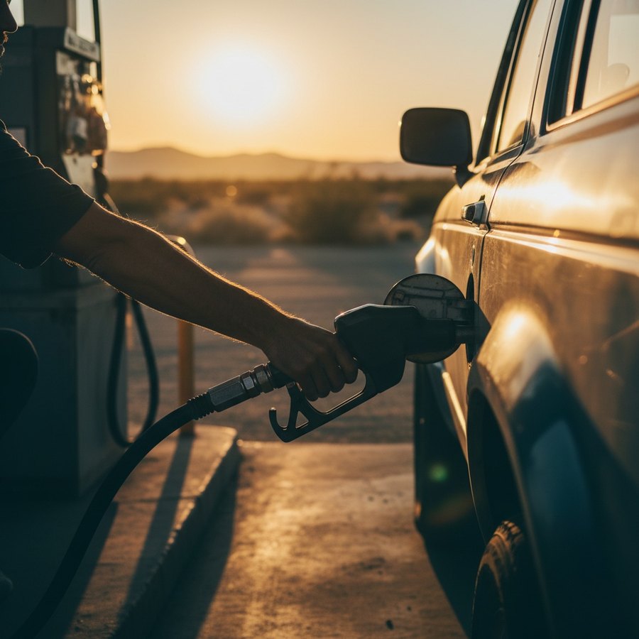 Pistolet de carburant inséré dans la trappe d'une voiture à la station-service