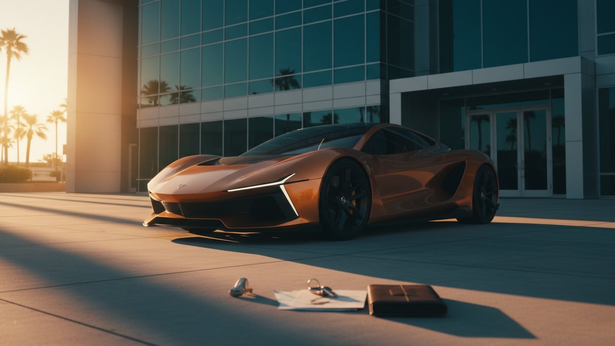 Voiture sportive stationnée devant un bâtiment administratif avec des documents sur le capot